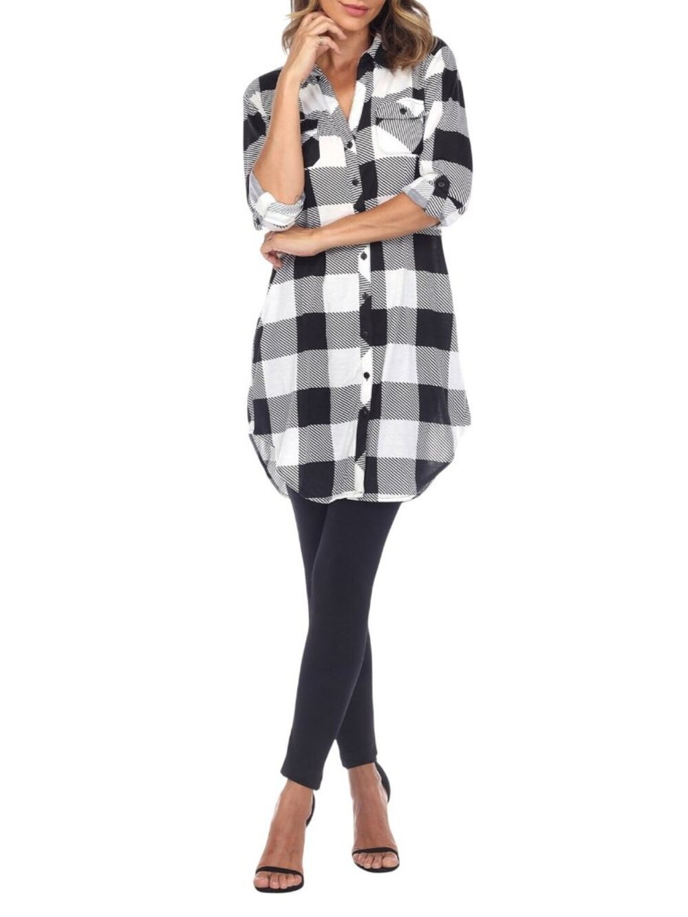 NWT White Mark Roll Tab Plaid Tunic Shirt with Side Pocket Black / White L